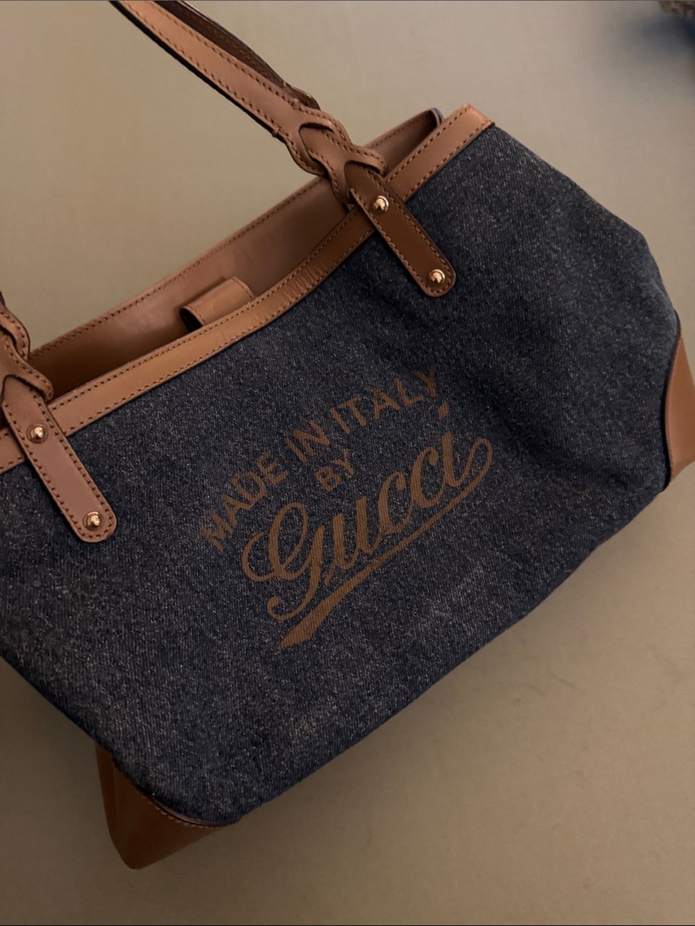 Gucci Navy Denim and Brown Leather Shoulder Bag